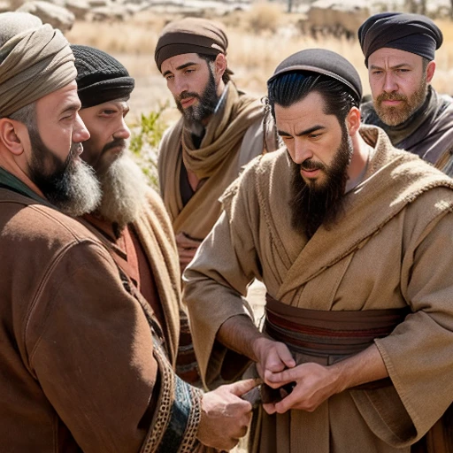 group of judaen men gathered focus on characters' faces