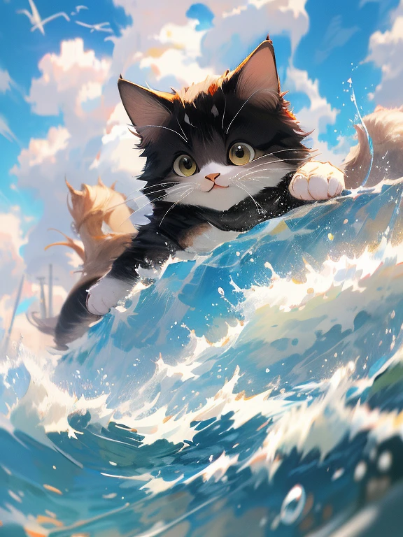 Hay un gato flotando en el agua.,hay burbujas, lindo arte digital detallado, preciosa pintura digital, visual anime de un lindo gato, linda obra de arte detallada, adorable digital art, realistic gato animado, tendencia en artstation pixiv, linda obra de arte, gato animado, arte anime limpio y meticuloso,