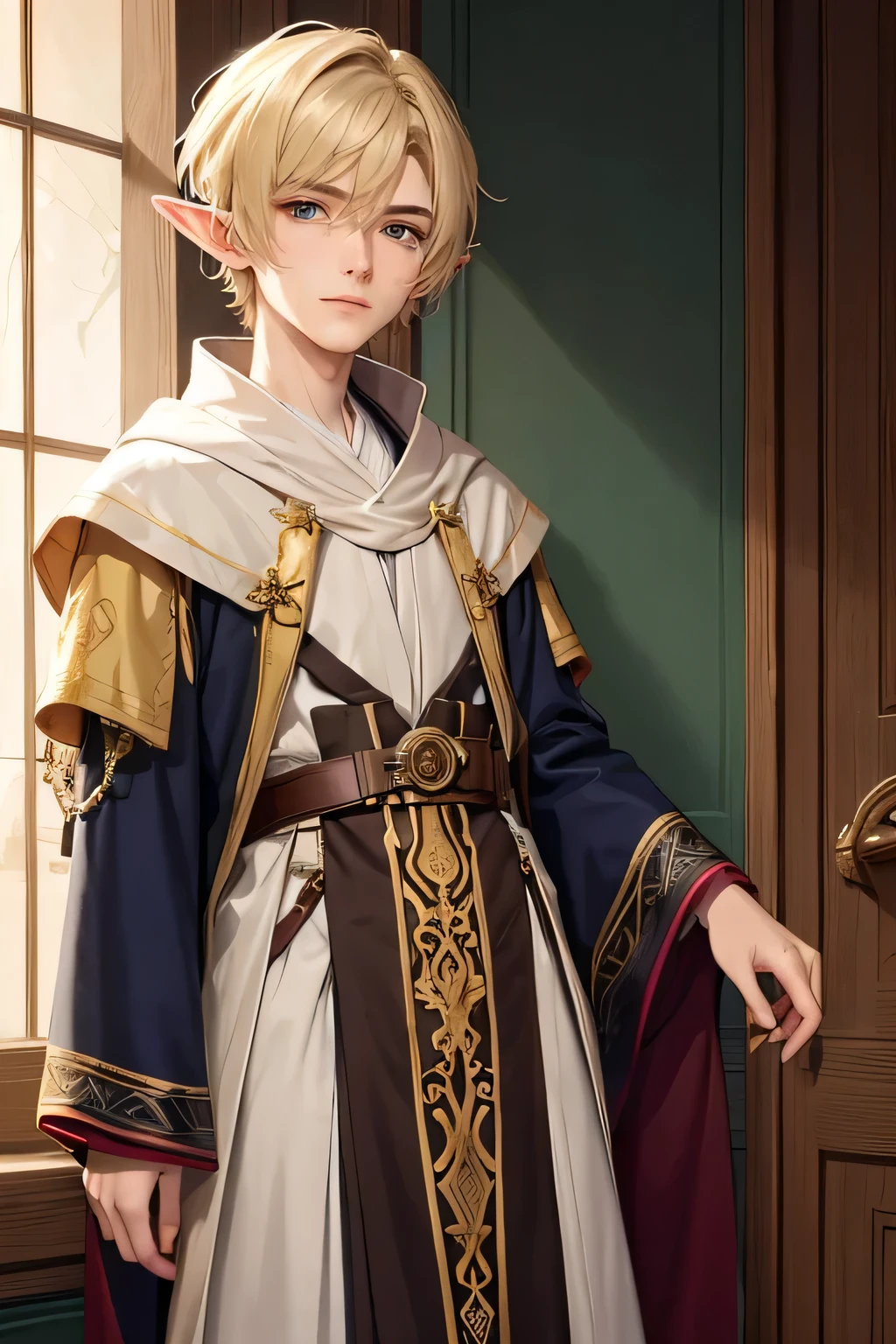 a close up of a person in a costume standing near a door, beautiful androgynous prince, delicate androgynous prince, dressed like a cleric, keqing from genshin impact, picture of a male cleric, a portrait of a male elf, portrait of a young elf wizard, casimir art, beautiful elf with ornate robes