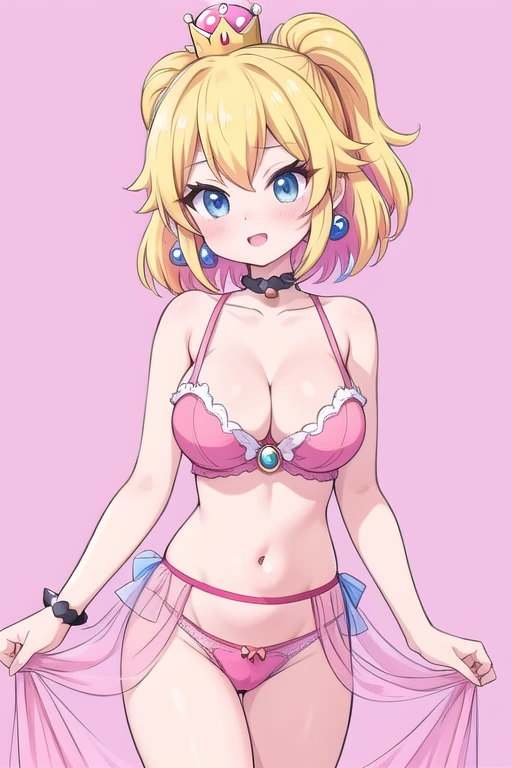 Une femme, 25 ans, mangas, cheveux longs, cheveux multicolores, details, cosplay princess peach, lingerie en cuire, super mario, nintendo, bowser castle, super mario land, ridong Yoshi