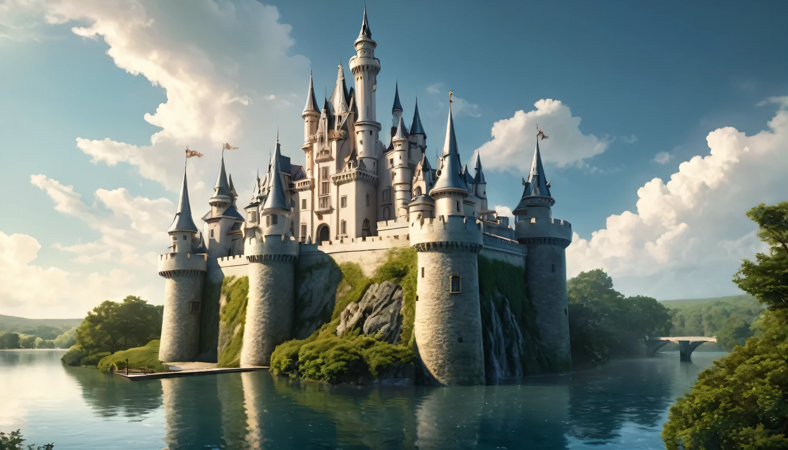 A magical castle perched on a hill, surrounded by a moat filled with swirling waters and guarded by animated suits of armor.