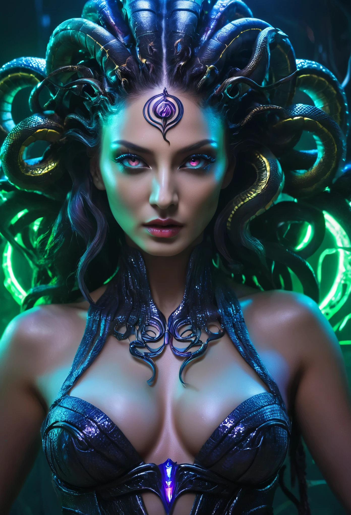 (high-res, vibrant colors, photorealistic), mesmerizing cyberpunk dark fantasy, Medusa in all her sinister beauty, with six serpent arms gracefully intertwined. Her radiant eyes, hypnotic and piercing, capture the essence of a demonic queen. The details of her face, meticulously crafted, reveal every delicate scale and unique pattern. The atmosphere surrounding her is filled with an otherworldly aura, bathed in a mix of neon lights and shadows. The backdrop resembles a movie scene, with hints of an ominous underworld. This portrait presents a close-up shot, focusing on the captivating visage of the goddess, portraying her as a captivating and formidable presence in the realms of darkness.