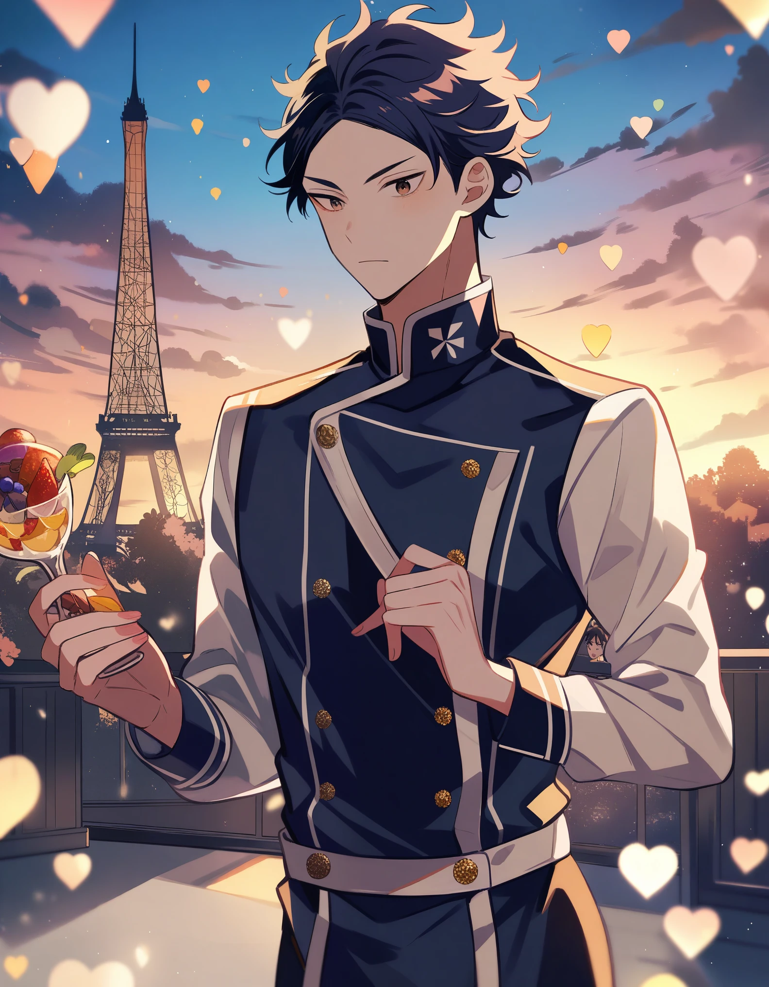 1 chico, enfoque masculino, tendou satori, haikyuu!!, torre de paris, atardecer, colores rosas, romantico, chocolatero, ropa de chef. 