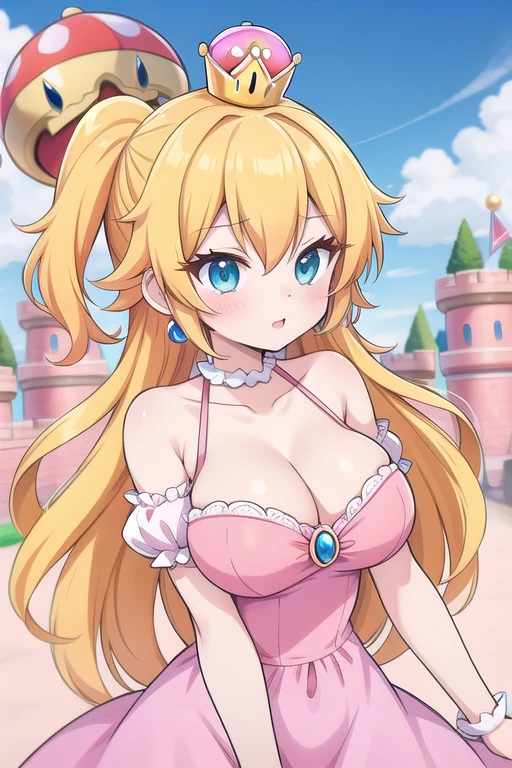 Une femme, 25 ans, mangas, cheveux longs, cheveux multicolores, details, cosplay princess peach, super mario, nintendo, bowser castle, super mario land, ridong Yoshi, lingerie en cuire, 