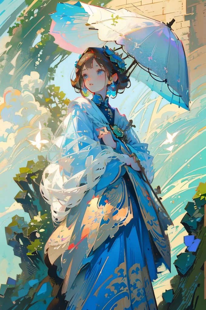 Young girl with brown hair and blue eyes, period dress, castle ruin, flower, greenery, nature, birds, sunlight, parasol, accompanied.