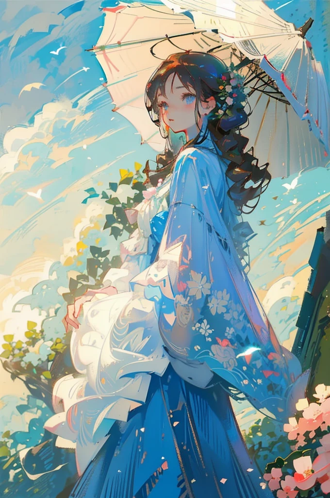 Young girl with brown hair and blue eyes, period dress, castle ruin, flower, greenery, nature, birds, sunlight, parasol, accompanied.