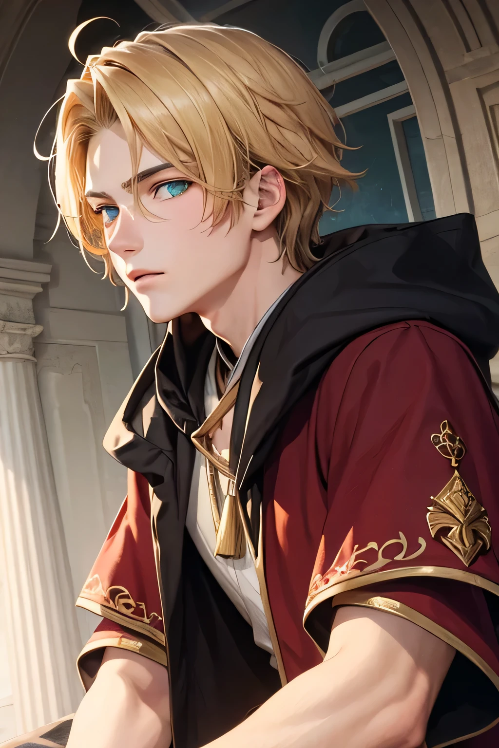 Closeup of a Male with medium blonde hair and bluegreen eyes, wearing a brown mage robe