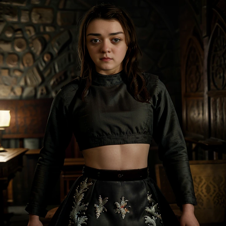 Masterpiece, best quality, detailed face, Arya Stark, sexy dress, midriff, in a medieval room, looking at viewer, sexy smirk face