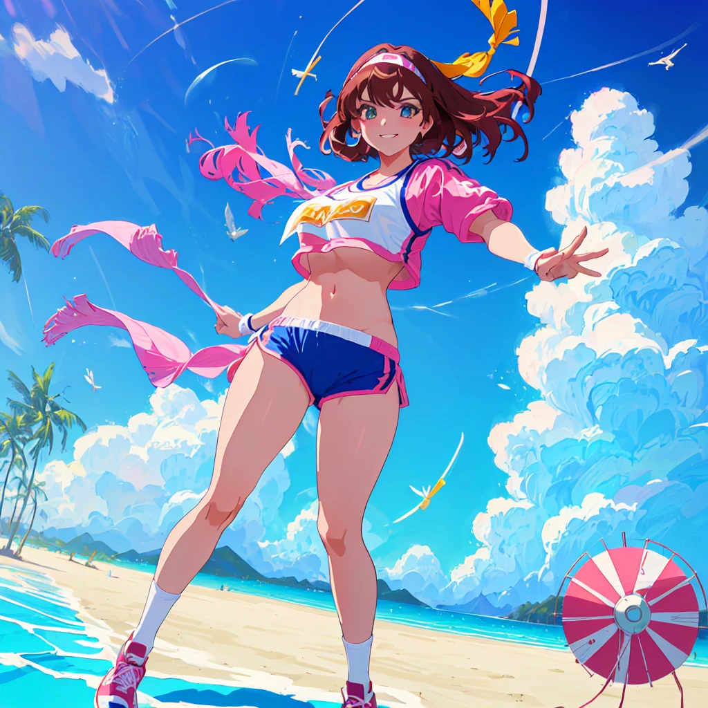 imagined a girl in extreme sport outfit playing to a flying disc game in a beach arena game sport, masterpiece, ultra-detailed, 80's anime (style), 2D, megapixel, perfectionism, full HD , 4K, (windjammers), windjammers sport game, windjammers 2 (((((solo mature anime woman,)))))++++++++++++++++++, looking at viewer, full body, brown hair and pink hair, short hair, weird hair, smile, lips, eyelashes, medium breasts, gym uniform, uniform, gym shorts, headband, sports bra, elbow pad, knee pad, extreme sports outfit 80's theme, beach background, playing flying disc game on a beach court game, sea, sun in the sky, sports wear