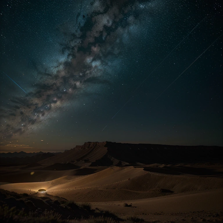 verano, desierto, Polvo esmeralda, cielo, grandes nubes, blue-cielo, universo, milkyway, planetas, Clima caliente, high definition detail, hiper detalle, kinematics, hyperrealism, Luz tenue, bokeh de enfoque de campo profundo, The distant landscape is a desierto with no end, trazado de rayos, It's surrealism. --v6