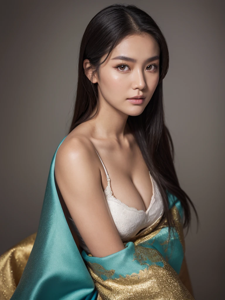 jeune femme mesurant environ 1m60, métisse d'origine asiatique et norvégienne, yeux vert clair. Longs cheveux bruns bouclés. en robe, collier, brillant à lèvres transparent, des seins de taille 95G, allure sportive, 25 ans, photo du corps entier, cadre urbain nocturne