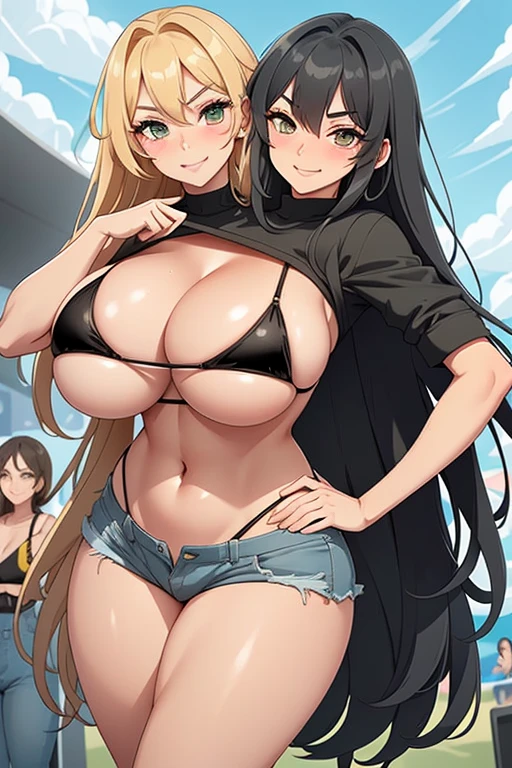 2heads, tall thin woman with 2 heads. Massive breasts. Mature. At a music festival. Drinking a beer. Wearing tiny bikini top. Wearing ripped jean shorts. Deep cleavage. Messy hair. Happy. Smiling. Blushing. Cool expression, smug. Think eyeshadow. Seductive. Pulling shirt, touching breasts. Huge thighs. Extremely huge breasts. Girlfriend.