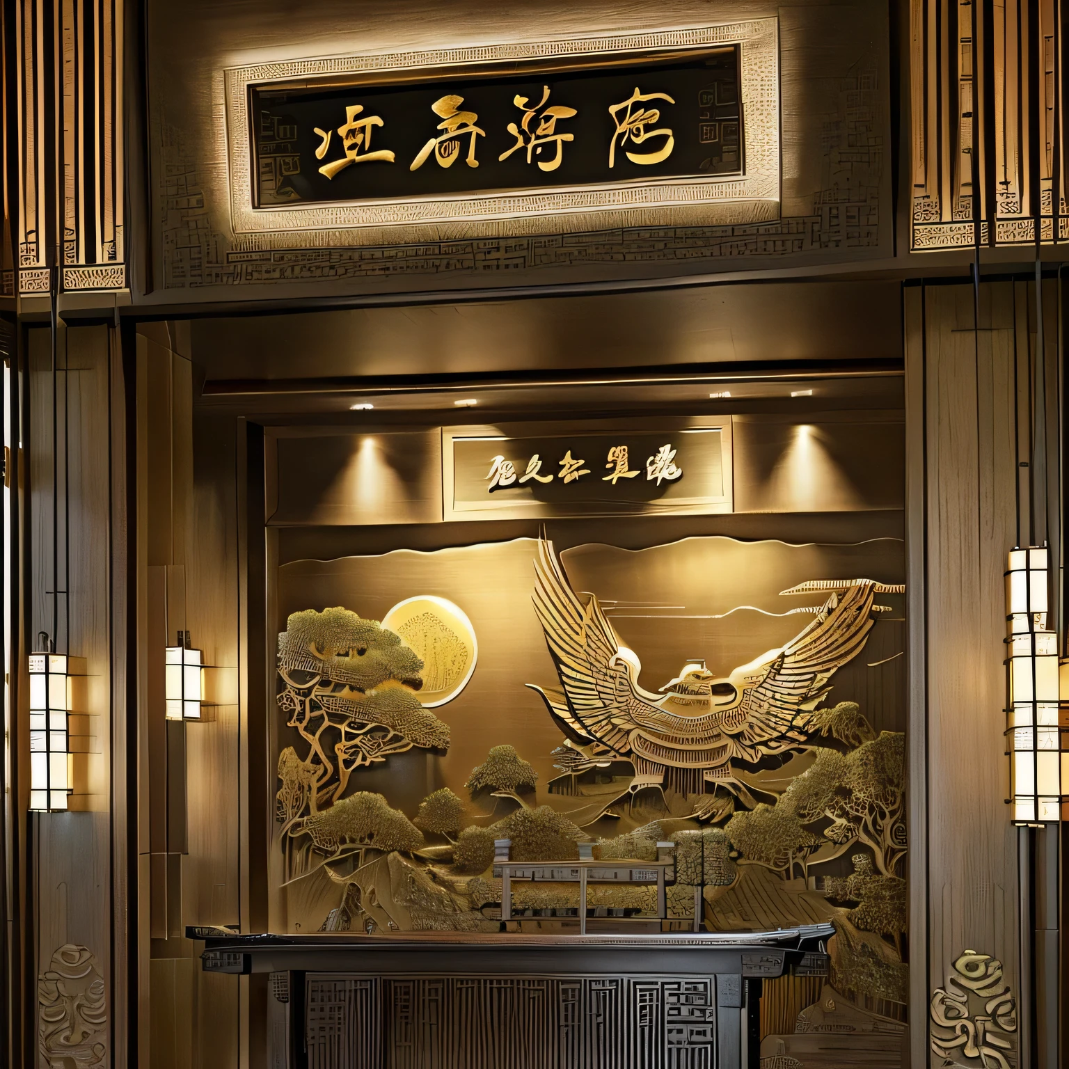 Carved screen, In line with the aesthetics of the Qing Dynasty, Governor-General of Liangjiang, golden wood relief,Modern high-end private club,Interior design,Commercial space,Depth photography