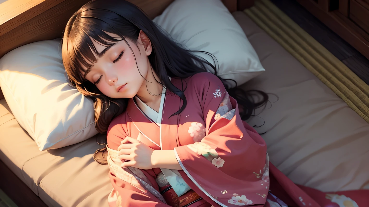 A beautiful girl sleeping in a beautiful kimono