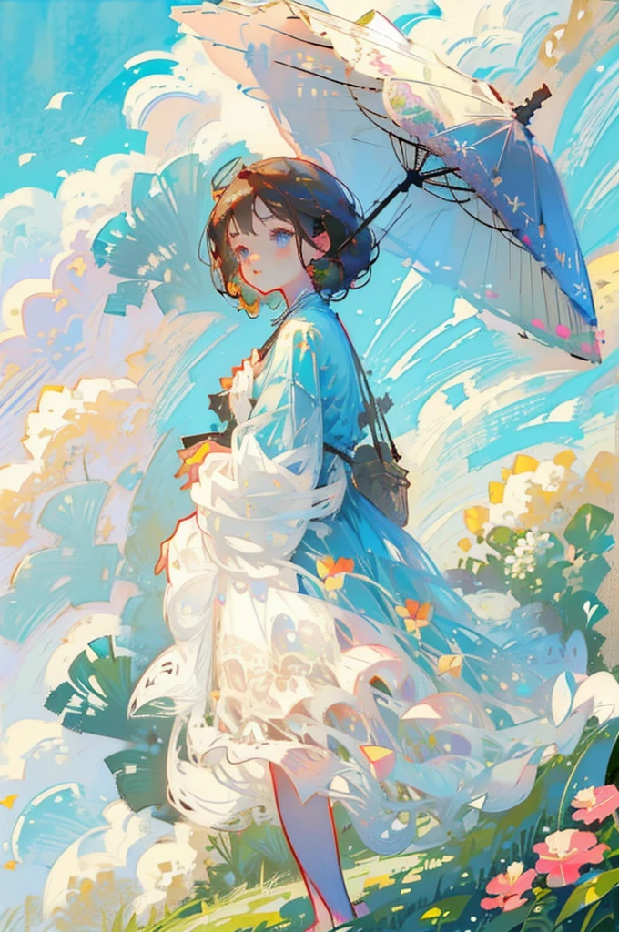 Young girl with brown hair and blue eyes, man, period dress, plain, flower, greenery, nature, birds, sunlight, parasol, accompanied, wind, flowers.