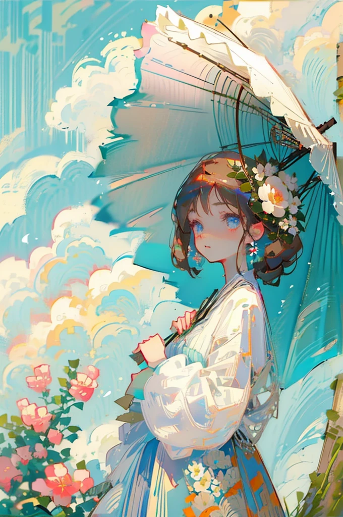 Young girl with brown hair and blue eyes, man, period dress, plain, flower, greenery, nature, birds, sunlight, parasol, accompanied, wind, flowers.