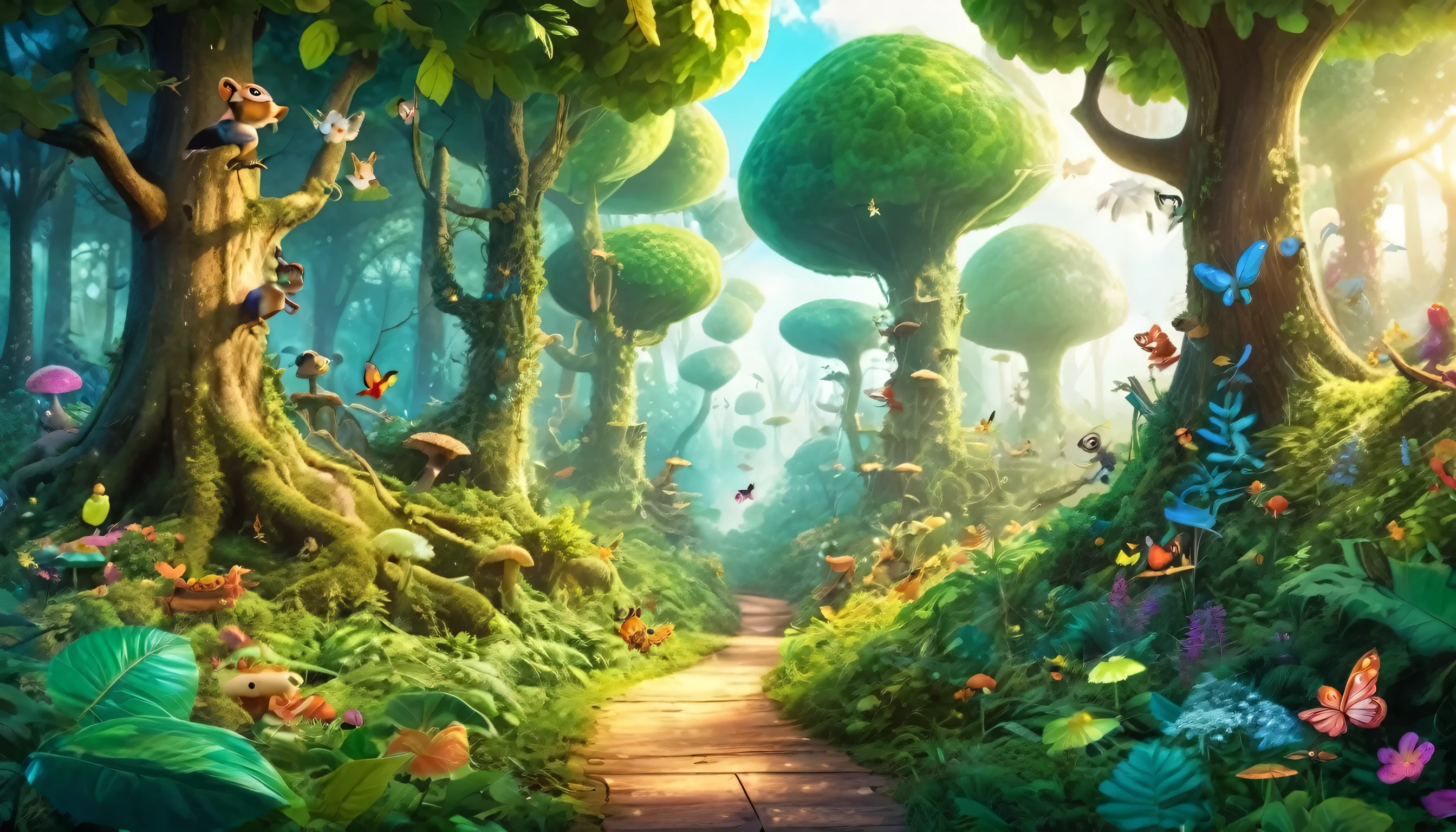 A lush, vibrant forest filled with animated creatures, from whimsical talking animals to mischievous fairies flitting among the trees