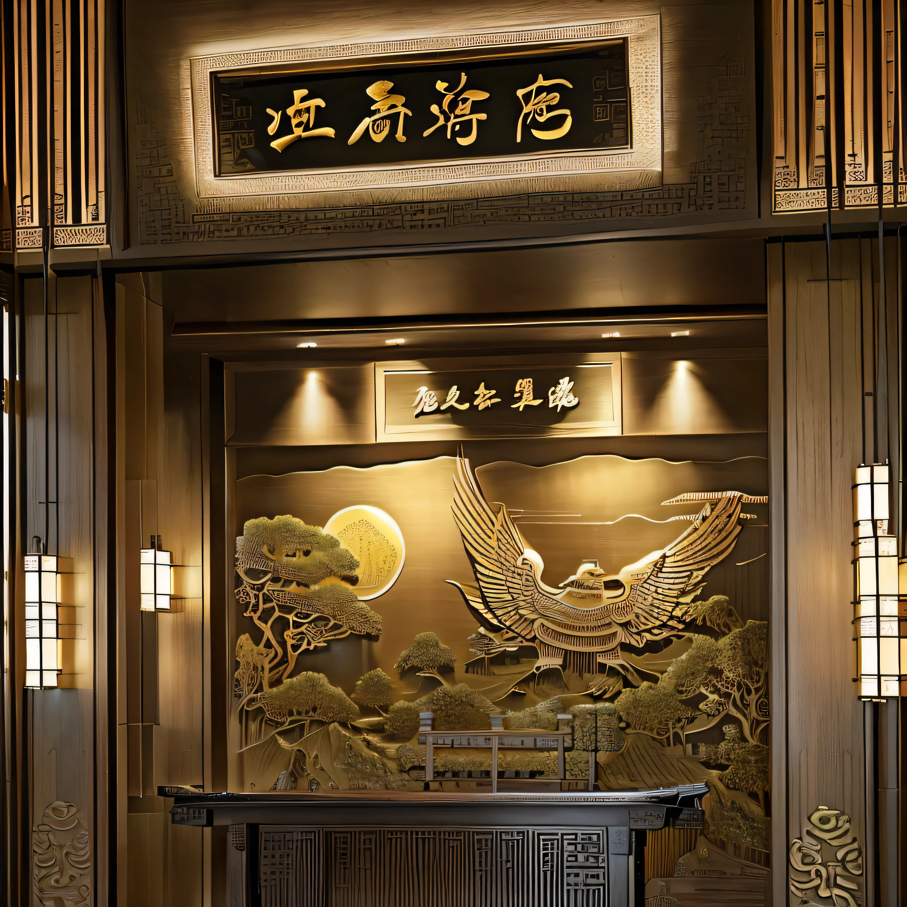Carved screen, In line with the aesthetics of the Qing Dynasty, Governor-General of Liangjiang, golden wood relief,Modern high-end private club,Interior design,Commercial space,Depth photography