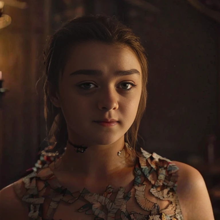 Masterpiece, best quality, detailed face, Arya Stark, sexy dress, midriff, in a medieval room, looking at viewer, sexy smirk face