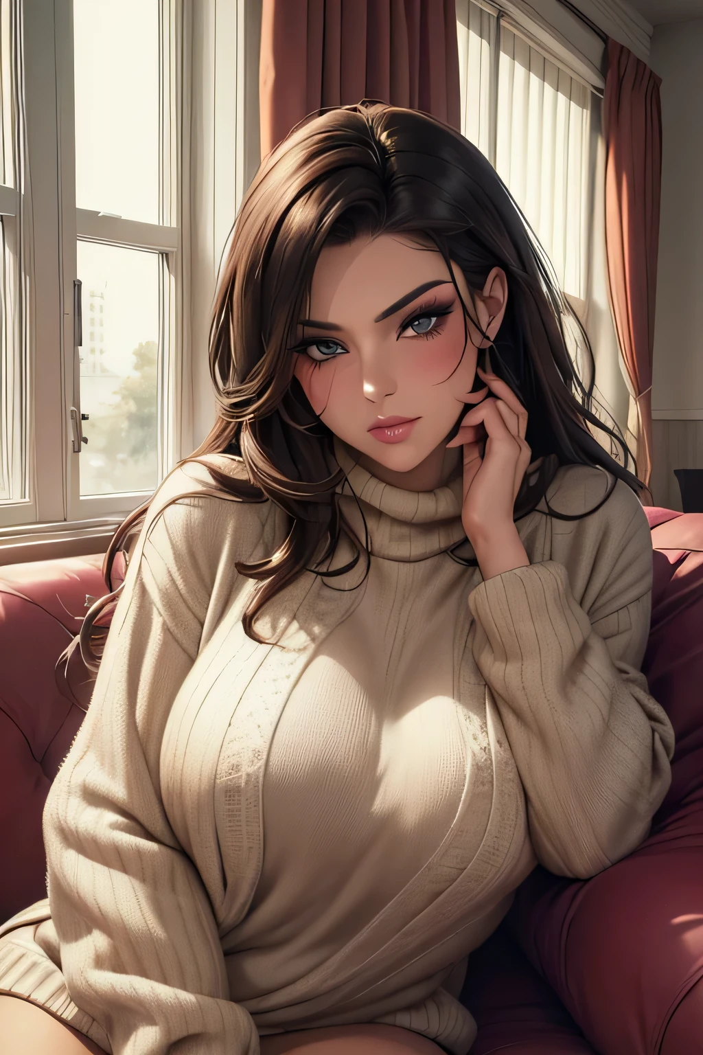 Amazing portrait of a sexy woman with a beautiful face and perfect hair wearing amazing makeup and seductively gazing and blushing intensely being ready to kiss wearing a long oversized sweater as she's sitting comfortably on couch near a window with natural light beaming through window showcasing her beautiful face as she's seductively gazing at us very seductively