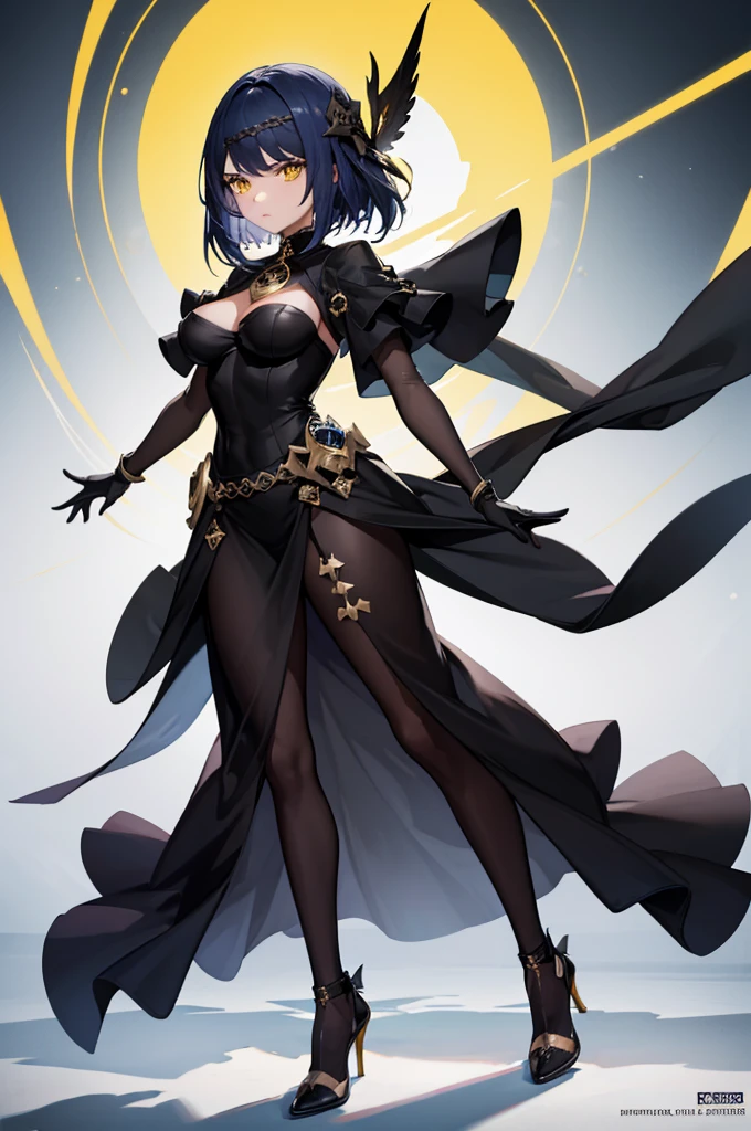 1girl, Dark hair, yellow eyes, (black gloves+ Dark Dress), Black heels, full body shot, Solo, High quality, detail hands, sexy facial expression