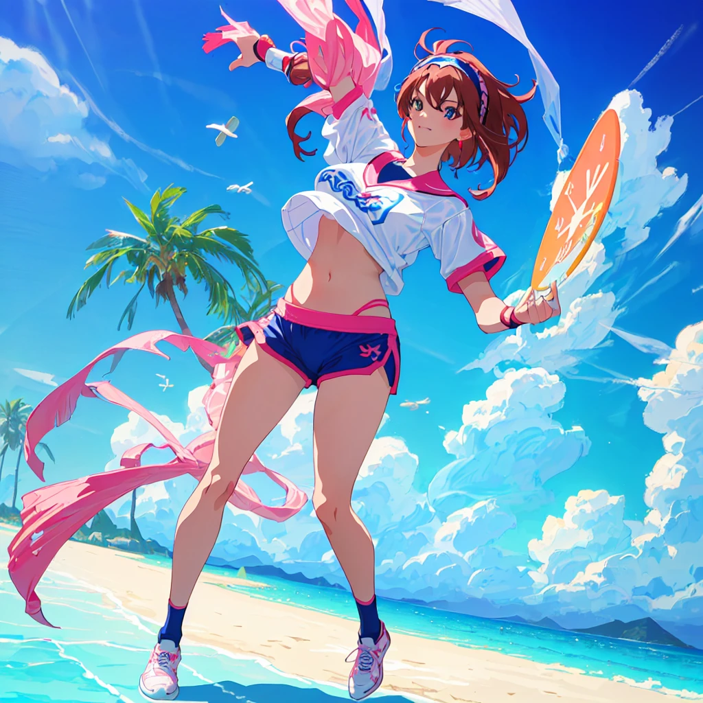 imagined a girl in extreme sport outfit playing to a flying disc game in a beach arena game sport, masterpiece, ultra-detailed, 80's anime (style), 2D, megapixel, perfectionism, full HD , 4K, (windjammers), windjammers sport game, windjammers 2 (((((solo mature anime woman,)))))++++++++++++++++++, looking at viewer, full body, brown hair and pink hair, short hair, weird hair, smile, lips, eyelashes, medium breasts, gym uniform, uniform, gym shorts, headband, sports bra, elbow pad, knee pad, extreme sports outfit 80's theme, beach background, playing flying disc game on a beach court game, sea, sun in the sky, sports wear