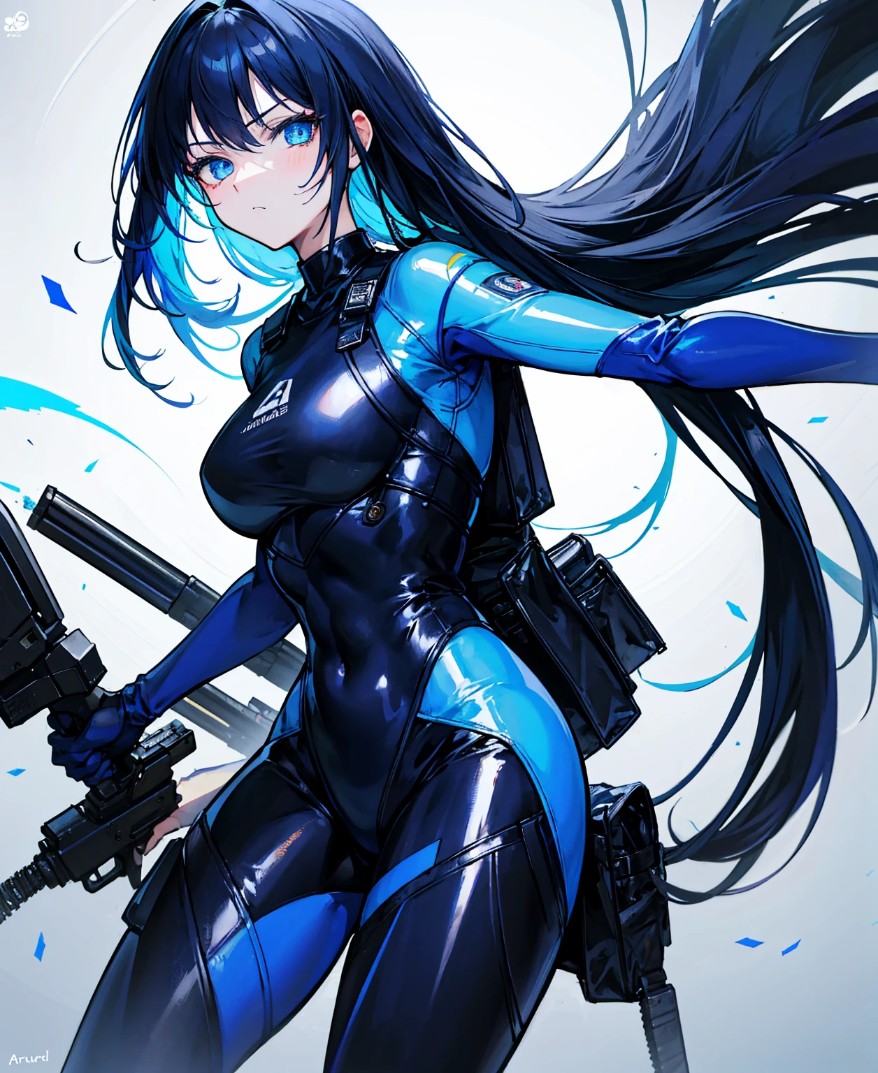 There is no background，girl，Carry a firearm，Patent leather tight suit，Use of firearms，Navy blue long hair，attention arousal，Blue colored eyes,No gradients