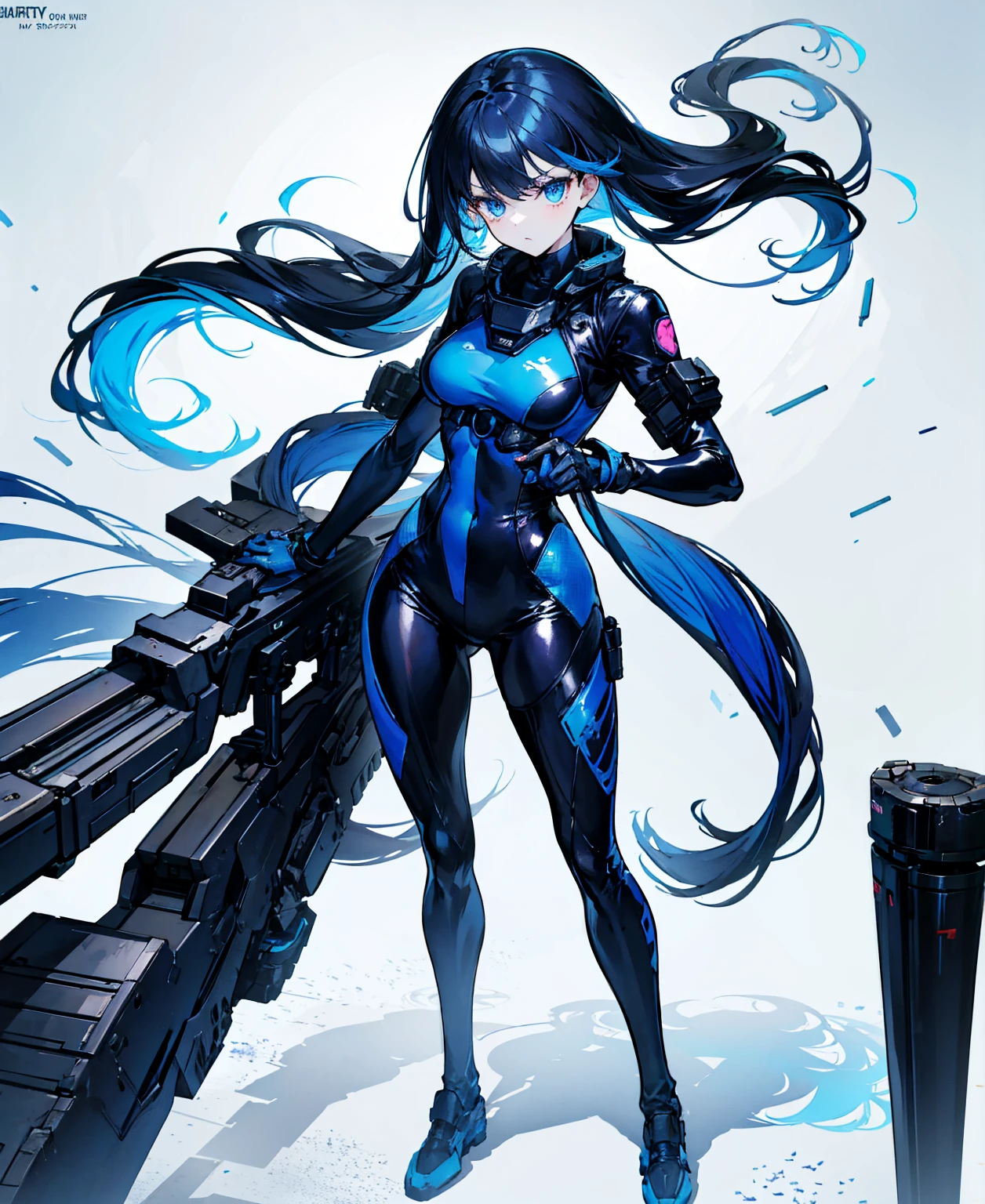 There is no background,girl,Carry a firearm,Patent leather tight suit,Use of firearms,Navy blue long hair,attention arousal,Blue colored eyes,No gradients