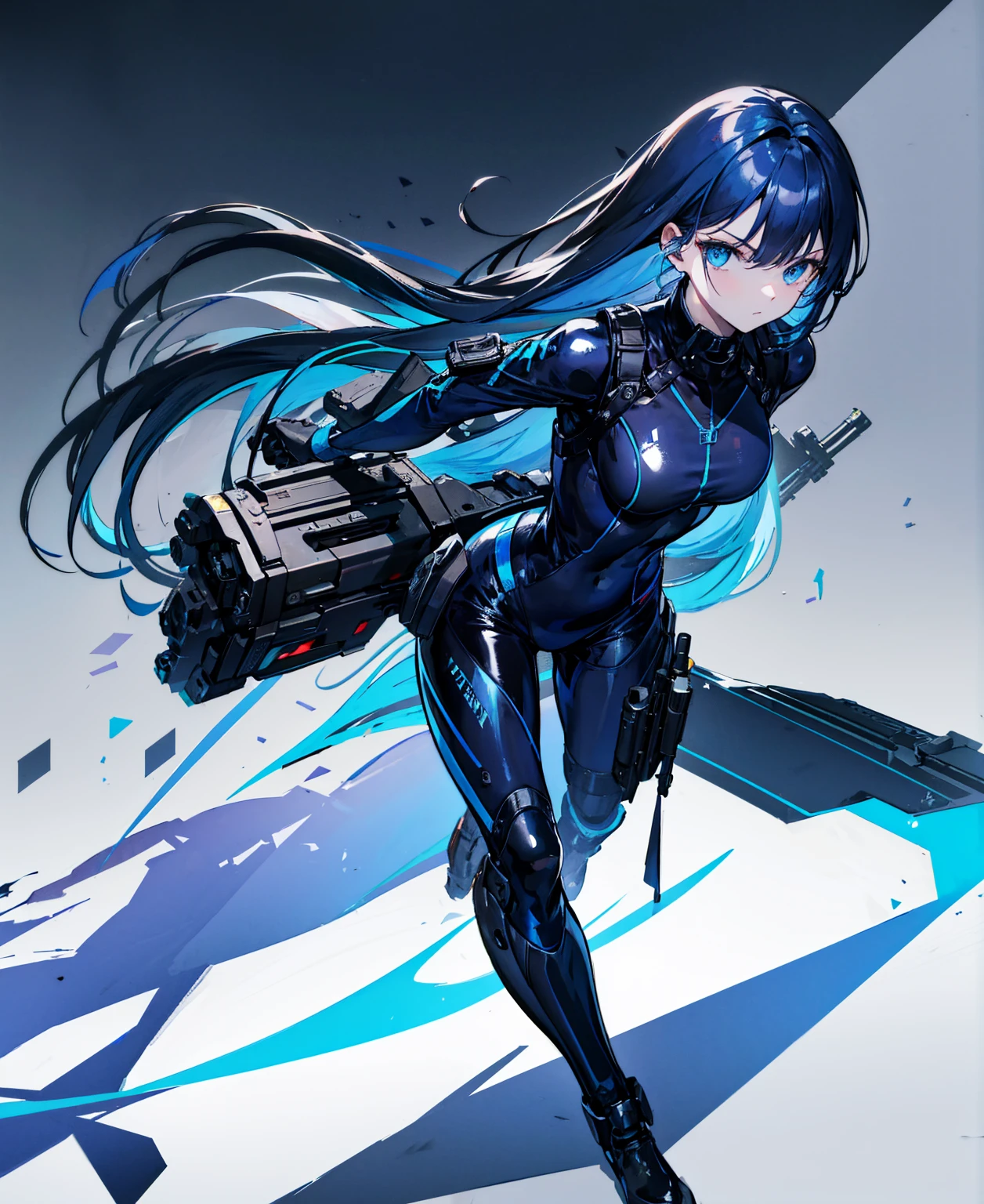 There is no background,girl,Carry a firearm,Patent leather tight suit,Use of firearms,Navy blue long hair,attention arousal,Blue colored eyes,No gradients