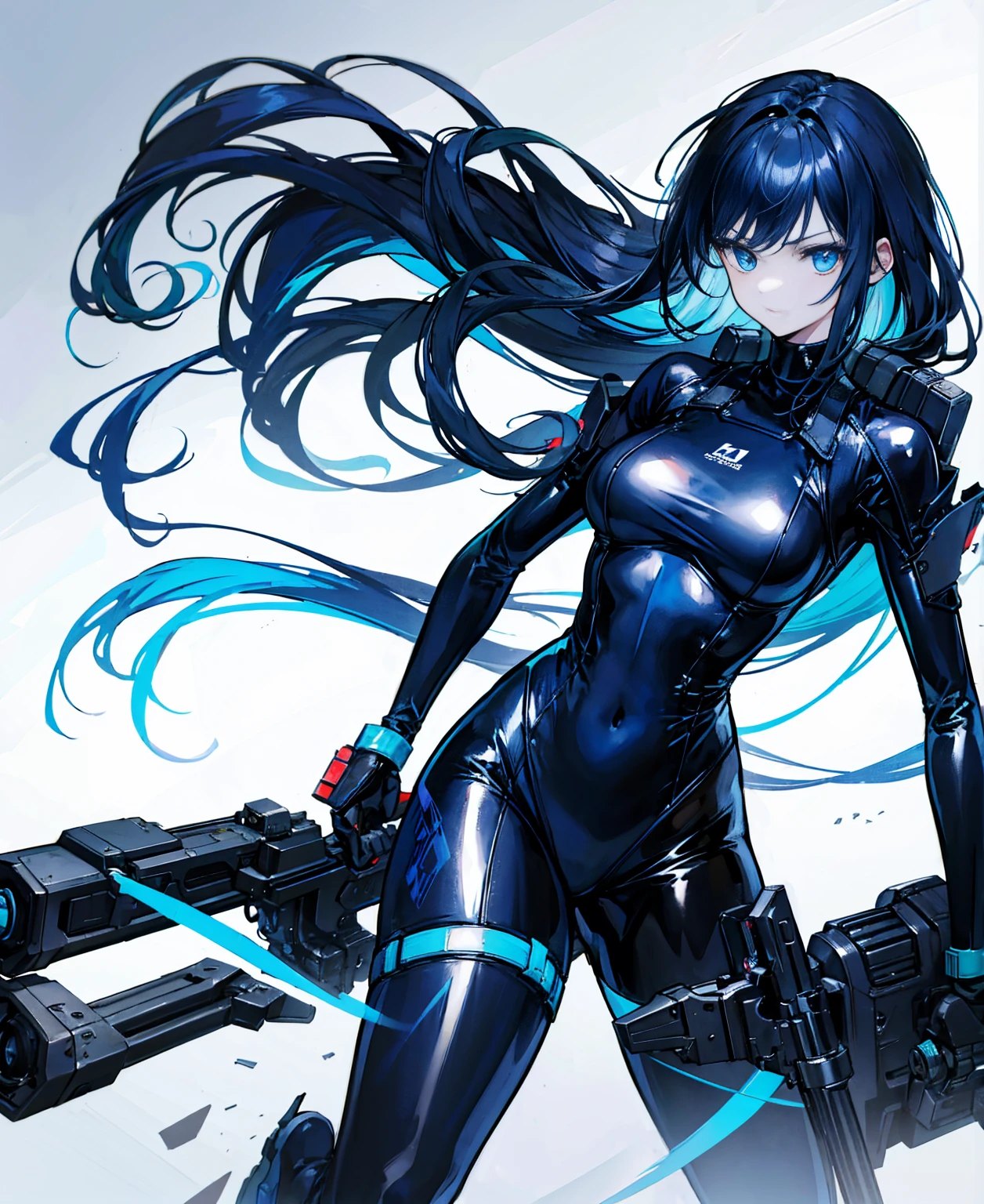 There is no background，girl，Carry a firearm，Patent leather tight suit，Use of firearms，Navy blue long hair，attention arousal，Blue colored eyes,No gradients
