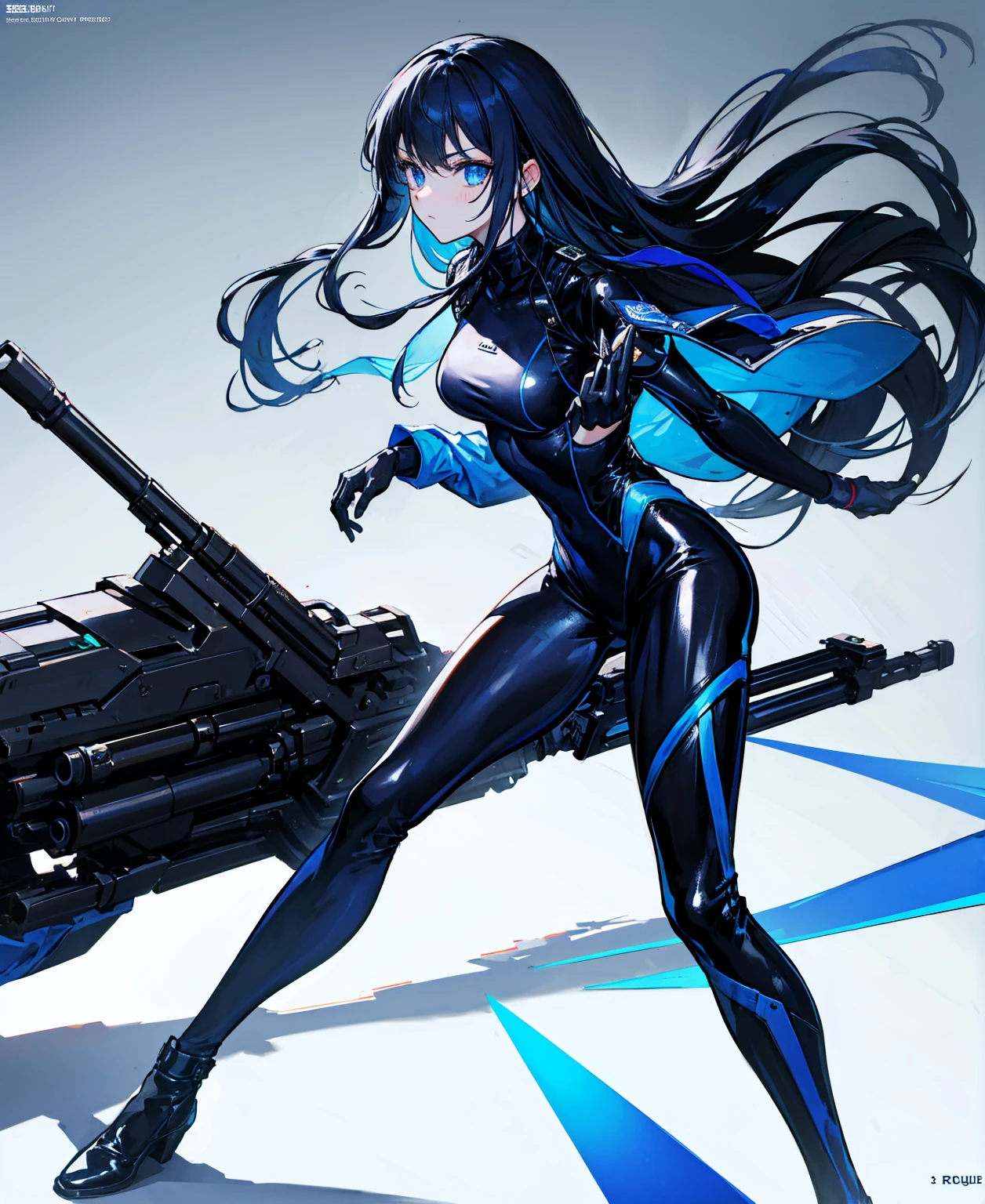 There is no background，girl，Carry a firearm，Patent leather tight suit，Use of firearms，Navy blue long hair，attention arousal，Blue colored eyes,No gradients