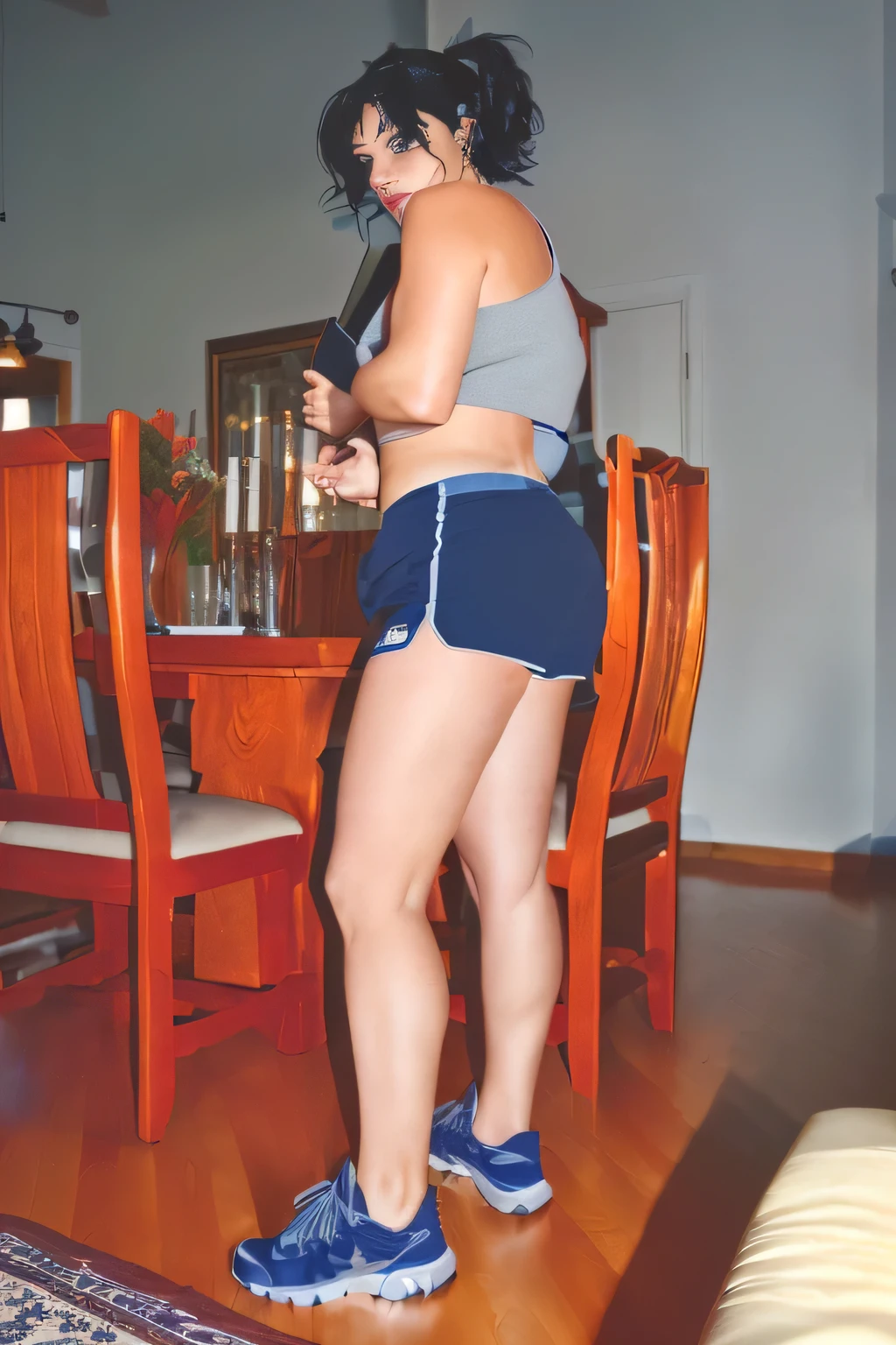 A woman is in a dining room, facing away from the camera. Photo taken from the side. She is wearing a gray top and dark blue shorts (((sucro blue shorts)) (((short, tight dark blue shorts))), with blue sneakers on her feet. Her posture is relaxed, one hand resting on her hip as she looks for the phone, which she holds in her other hand. The room around her is cozy, with wooden furniture that includes a dining table and chairs. A vase of flowers adds a touch of color to the scene. . (ultra quality masterpiece) with toned body, 35 years old, 1.62 tall, 60 kg, best quality, perfect face, perfect mouth, perfect hands, (((black hair))), is standing, (full body) wearing a tank top (((gray-blue mixed top))), very short blue shorts (((short and tight dark blue shorts)))), dark brown hair, dark blue short shorts for gym training , tanned body, sexy pose, shapely legs, well defined, high contrast, Ultra HD, 16K. Photorealistic, detailed and realistic hands, 5 fingers per hand, dark hair, full body photo, clear and high quality photo. Masterpiece: 1.3, high resolution, (photographically realistic), 8k, NUDE, NUDITY, NFSW.