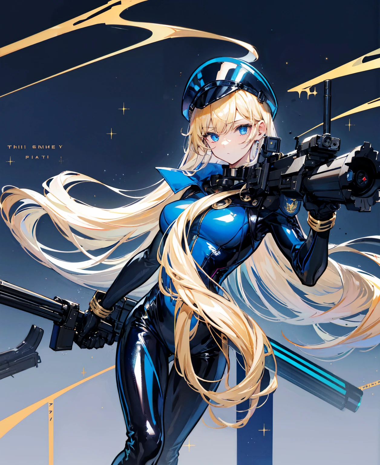 There is no background,girl,Carry a firearm,Navy blue patent leather tight suit,Use of firearms,Long golden hair,attention arousal,Blue sparkling eyes,No gradients
