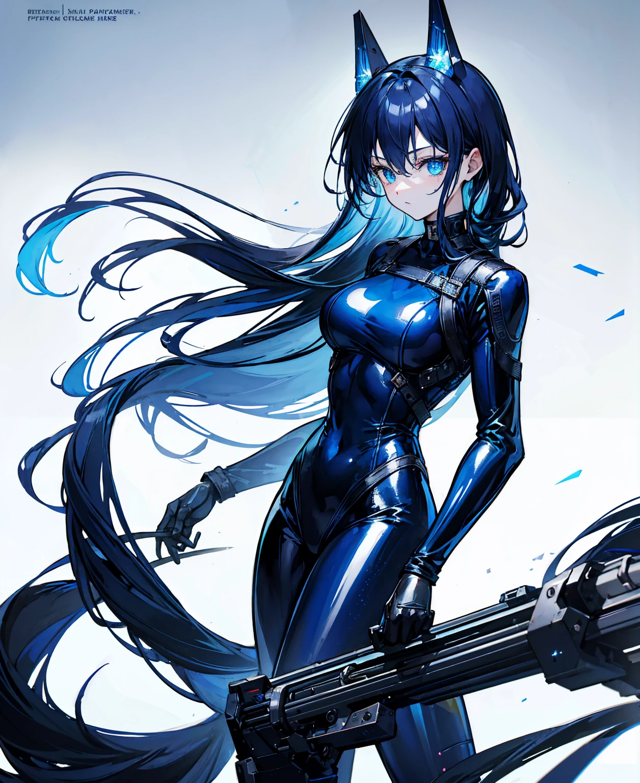 There is no background,girl,Carry a firearm,Navy blue patent leather tight suit,Use of firearms,Long golden hair,attention arousal,Blue sparkling eyes,No gradients