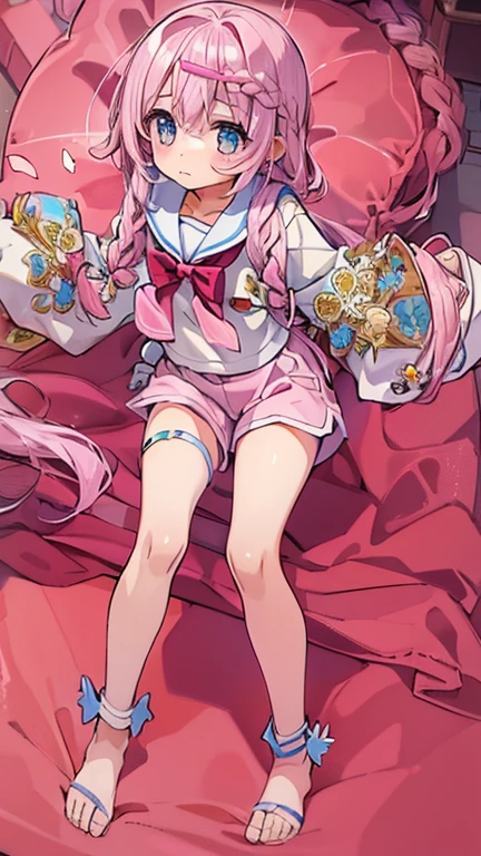 Beautiful illustrations, highest quality, (12-year-old girl:1.4)、(pretty girl：1.5)、、Flat Chest、Sailor collar、(White long tunic)、Long sleeve sailor suit、Blue-line cuffs、(Pink Chino Shorts：1.7)、(Pink shorts with wide openings：1.6)、Gap between thighs and shorts、Thin thighs、White socks、 barefoot、Cinema Lighting, (Pink Long Hair)、Pink Straight Hair、Redness on the cheeks、(Braiding of the back of the head)