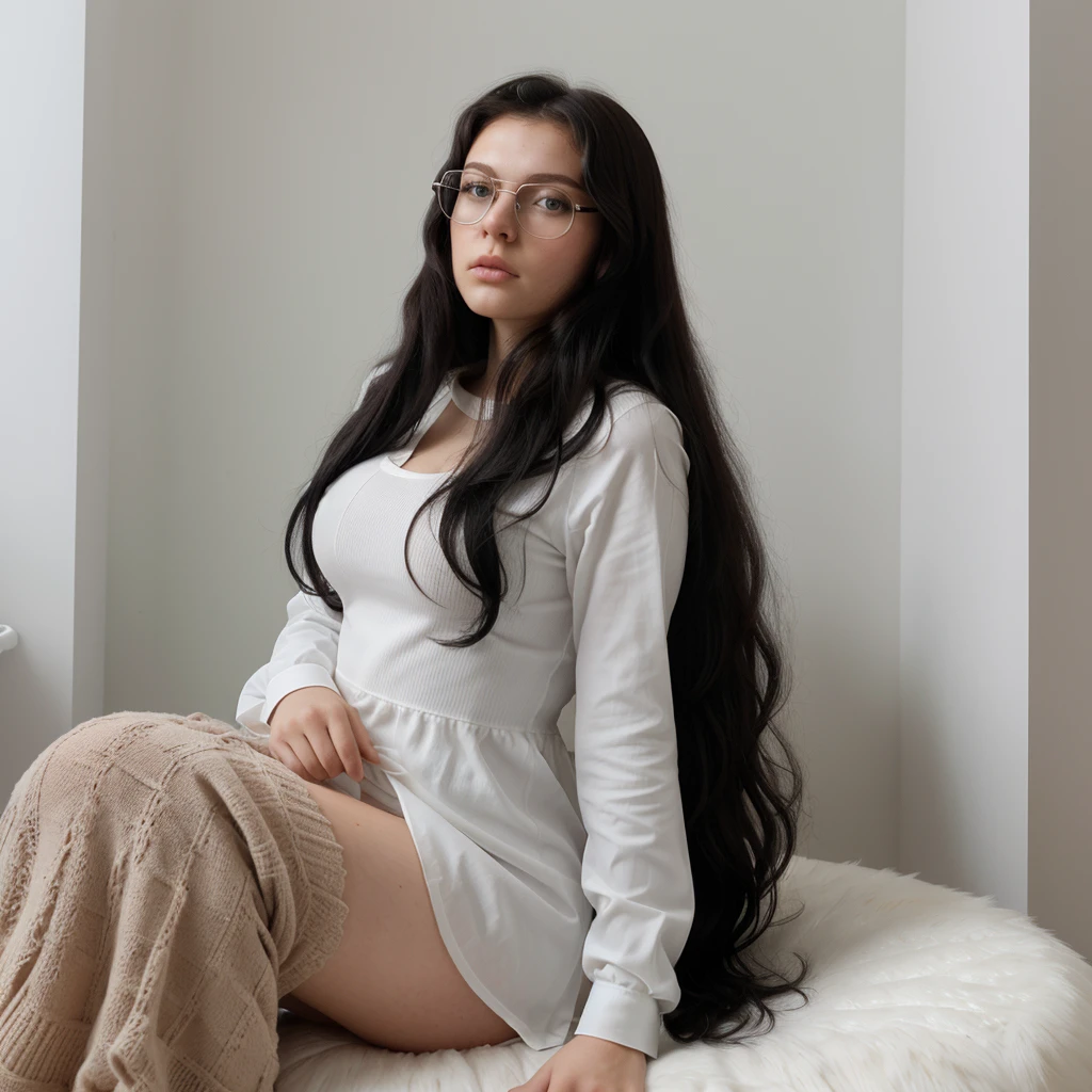 Un contact visuel d'une fille de nationalité russe de 21 ans avec des grosses lunettes et des yeux verts. She has medium long curly black hair., elle se tient dans une position qui avantage ces courbes tels que ces hanches et ces seins sur un fauteuil