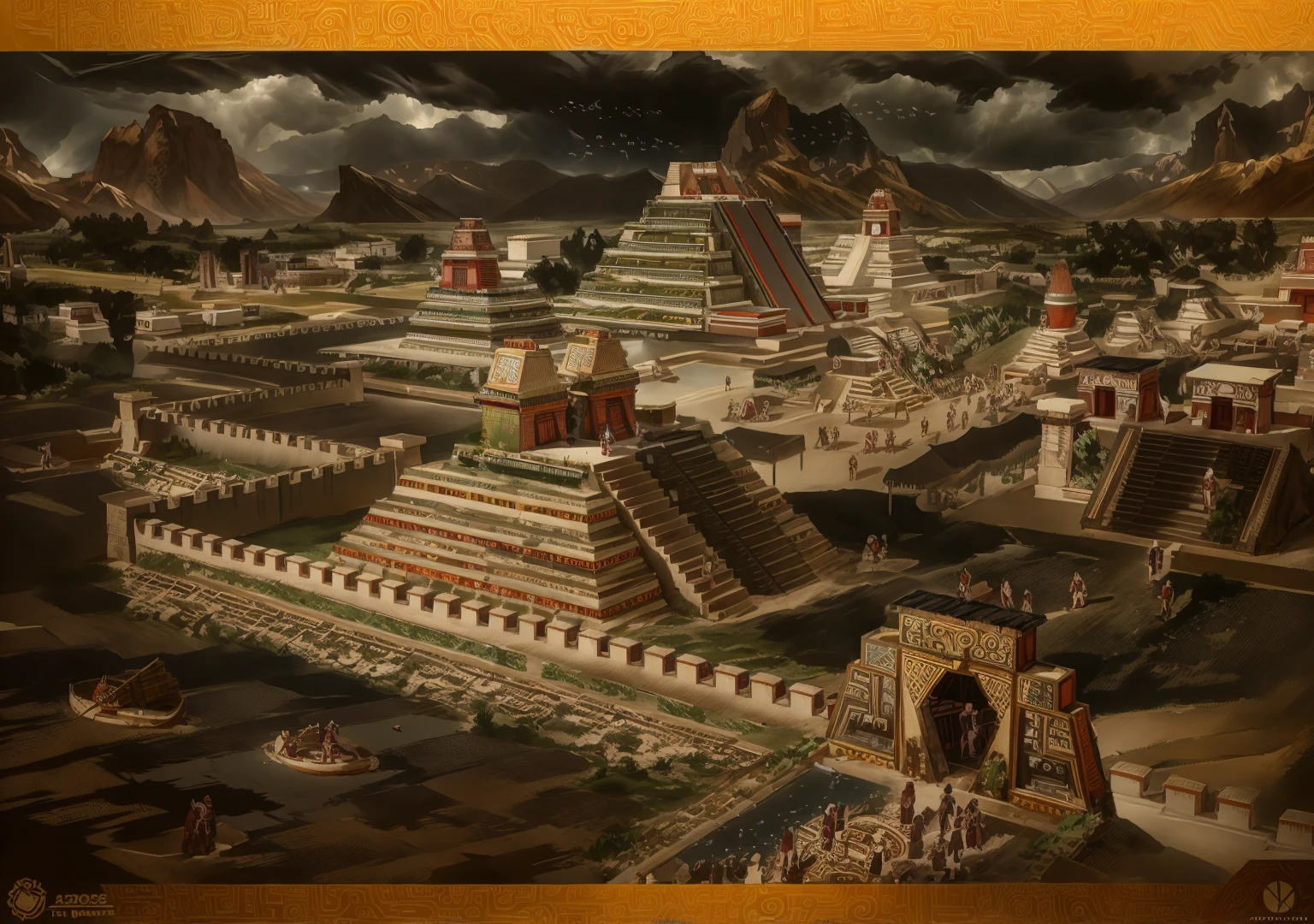 Ancientpunk: Aztec city, prehispanic, Calm sky,surrounded by plenty flying serpents,aztec style, thunder storm, extremely detailed, vibrant colors, futuristic artifacts, aztec symbols, intricate architecture, sci-fi technology, traditional headdresses, cybernetic implants, energetic atmosphere, magical energy, tribal warriors, ancient civilization, rebellious spirits, cosmic influences, punk fashion, neon lights, steampunk elements, weaponized accessories, ancient rituals, revolutionary mindset, alternative history, AZTECA, tenochtitlan