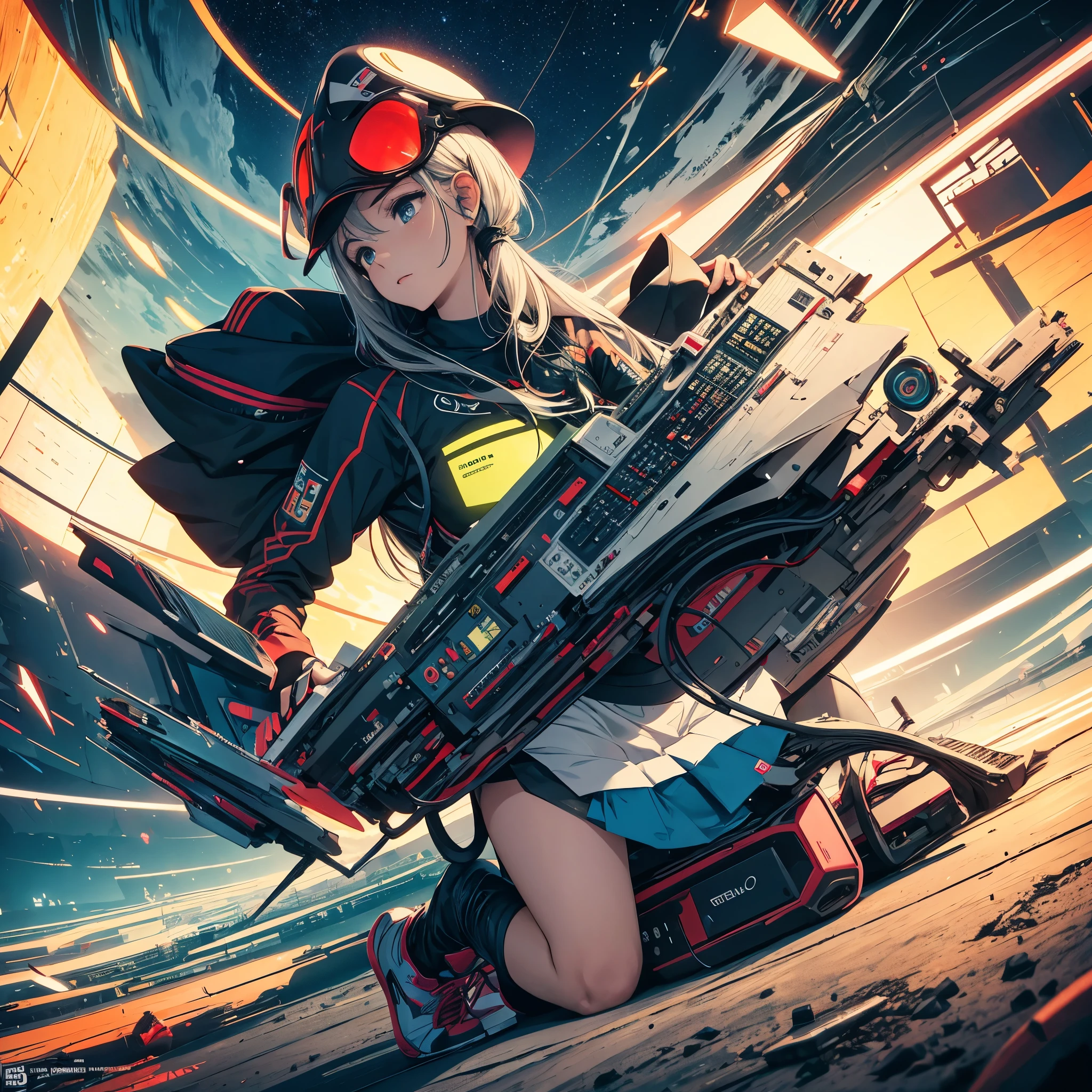 anime girl with a gun and a bow in a space, cushart krenz key art feminine, detailed key anime art, background aerial battle, key anime art, mechanized valkyrie girl, nier automata spaceship style, key art anime sharp focus, hq artwork, anime key visual concept, cyberpunk anime girl mech, anime art vehicle concept art, cushart kenz