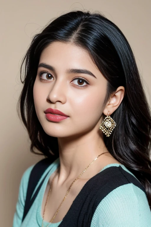 a Pakistani girl with black hairs, brown eyes, cute face, red lips , face shape is like Ankita Dave