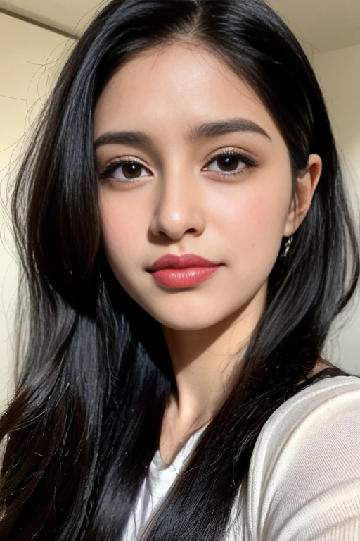 a Pakistani girl with black hairs, brown eyes, cute face, red lips , face shape is like Ankita Dave
