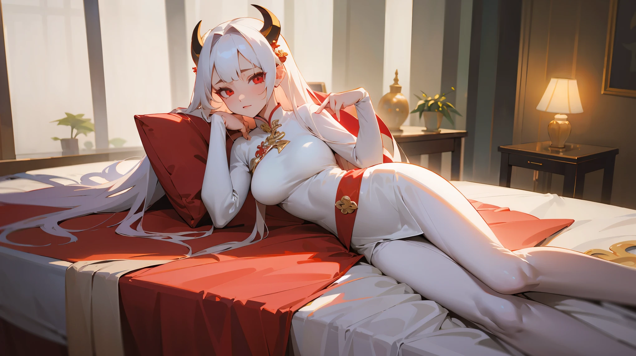 (best quality,highres,masterpiece:1.2),(flatten art:0.75), masterpiece, best quality, 1woman, Anime, darker environment, white horns, long straight white hair, golden hair ornaments, white ao dai, red demon eyes, large breast, enticing, night, dark, pink lotus pool, looking at viewer, solo, faint moonlight, close-up, laying on bed