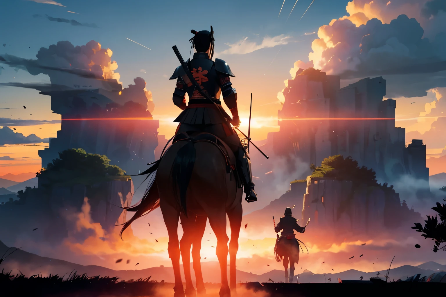 Matepiece, Back view, Samurai on horseback, armor, Armored warrior, ((silhouette)),logo, Monotony, sunset, Battlefield scenery, masterpiece,