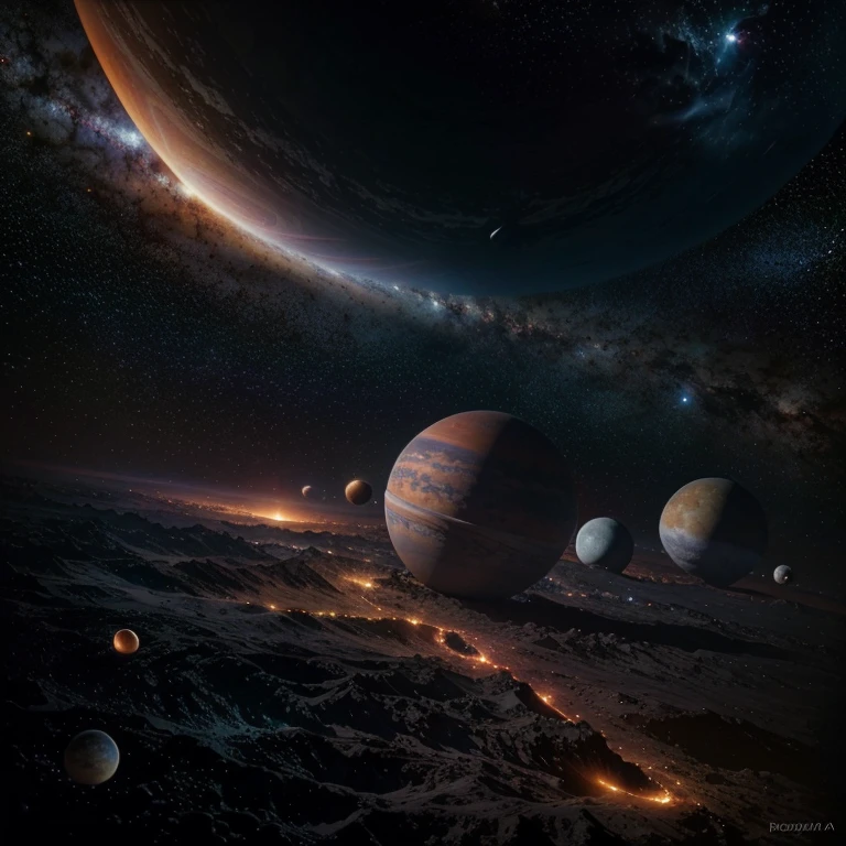 Best quality, masterpiece: 1.1, FusionArt: 0.9, Ultra-high resolution: 1.3, (fotografia realista: 1.4), A breathtaking image of the solar system, with outer space's vastness juxtaposed against the intricacies of planets and stars. Sombrio: 0.6, The somber hues of deep space contrasting the vibrant colors of nebulae and planets. Detailed textures of celestial bodies, high contrast lighting, photorealistic representation, a true visual masterpiece. 

Note: I assumed "sombrio" referred to a mood or tone,