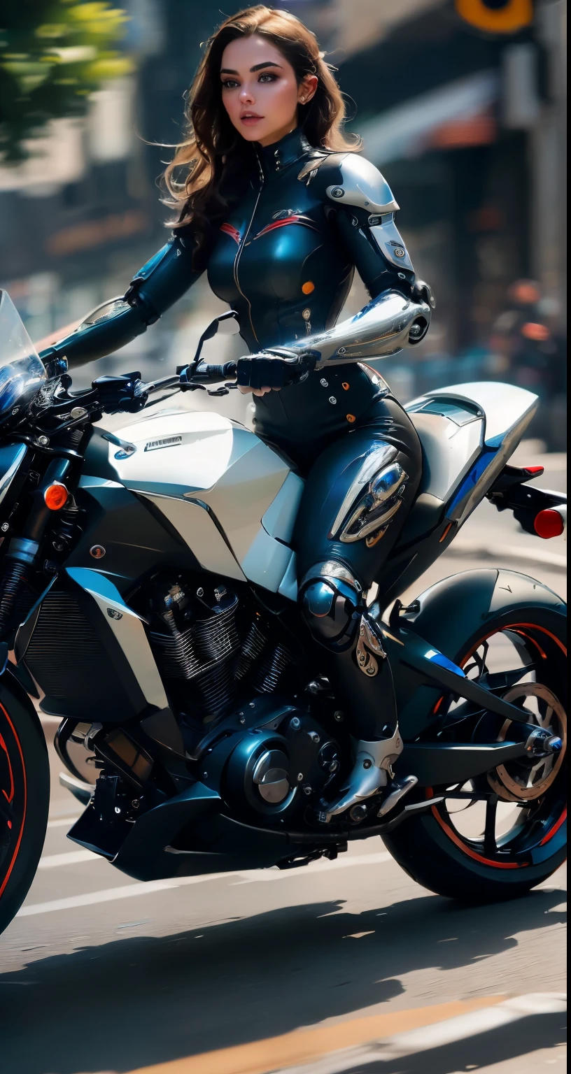 A female cyborg riding a high-tech motorcycle on the street, (side view:1.2), (best quality, high quality, absurdres, masterpiece:1.2), beautiful, intricate details, magnificent anatomy, slim body, beautiful figure, (intricate details:1.12), (intricate details, hyper-detailing:1.15), (natural skin textures, hyper realistic, soft light, sharp:1.2), HDR