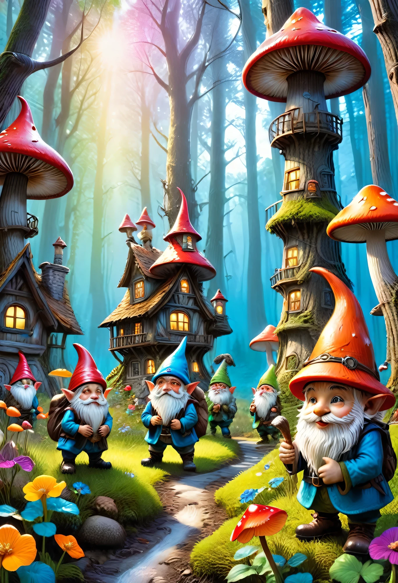 A group of gnomes, all dressed in colorful gnome outfits, are gathered together in a lush forest. The gnomes are wearing pointy hats, adorable boots, and are carrying various gnome accessories such as lanterns, shovels, and gardening tools. They are surrounded by a beautiful background filled with towering mushrooms in different shapes and sizes. The mushrooms create a whimsical and magical atmosphere, casting playful and interesting shadows on the ground. The forest is also adorned with vibrant flowers and tall trees, providing a lively and vibrant backdrop. The scene is captured in the best quality, showcasing every intricate detail of the gnomes, mushroom background, and surrounding elements. The image is hyper-realistic, with vivid colors that bring the scene to life. The studio lighting illuminates the gnomes and the entire forest, highlighting their detailed features and creating depth and dimension. Each gnome has unique features and expressions, making them stand out in the image. Overall, the prompt aims to create a highly detailed and visually captivating artwork of gnomes in a mushroom-filled forest, combining elements of fantasy, nature, and vibrant colors.