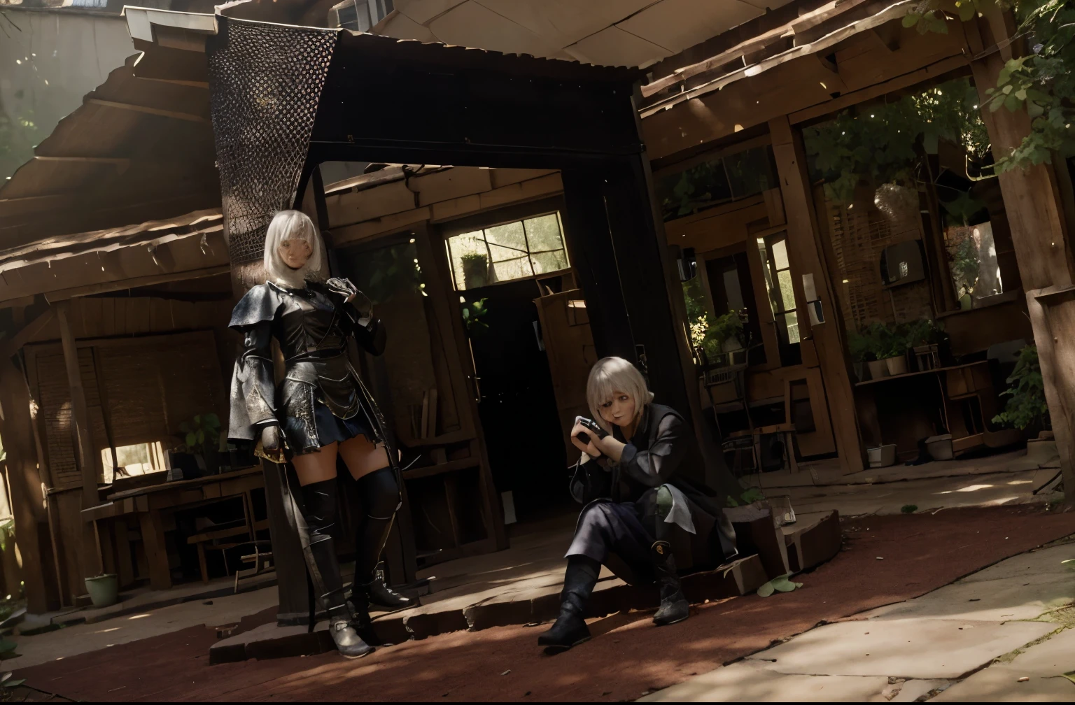 (Best quality, 8k, 32k, Masterpiece, UHD:1.2) Transform the setting of the picture into Pascal's Village from Nier: Automata. Populate the scene with peaceful machine lifeforms going about their daily routines amidst the lush greenery of the forest. Pascal's home, a large treehouse, stands prominently in the center of the village, surrounded by smaller dwellings and communal areas. The atmosphere should evoke a sense of tranquility and harmony, with sunlight filtering through the leaves and casting dappled shadows on the ground.