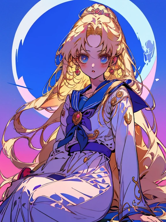 Anime girl with long blonde hair and blue eyes sitting under a tree., the Marinero de la luna. hermoso, Marinero de la luna!!!!!!!!, Marinero de la luna style, Marinero de la luna aesthetic, por marinero luna, inspired por marinero luna, princesa anime, diosa del anime, hermoso anime, anime wallaper, estilo anime 4k, fondo de pantalla animado, inspirado en Naoko Takeuchi, linda chica anime