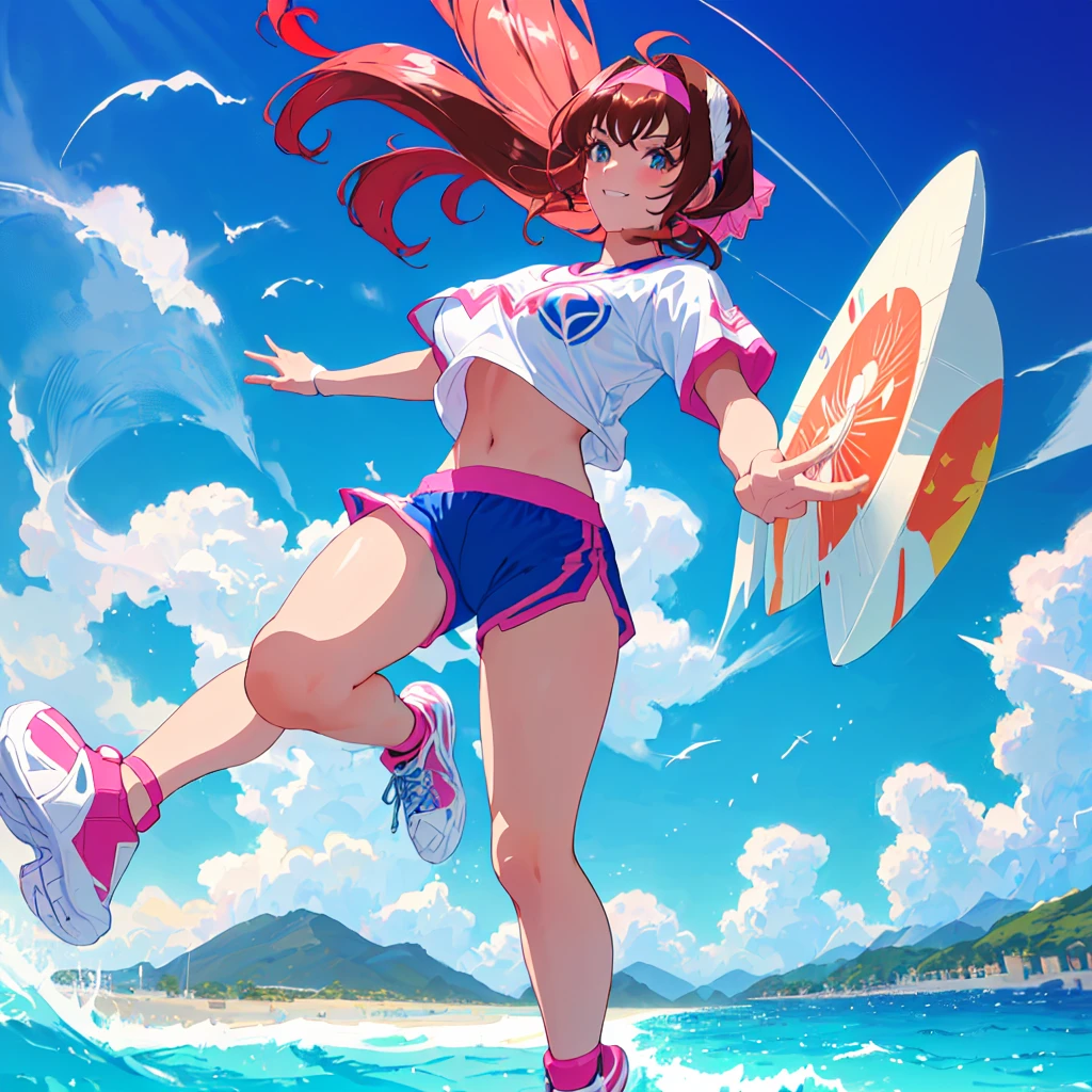imagined a girl in extreme sport outfit playing to a flying disc game in a beach arena game sport, masterpiece, ultra-detailed, 80's anime (style), 2D, megapixel, perfectionism, full HD , 4K, (windjammers), windjammers sport game, windjammers 2 (((((solo mature anime woman,)))))++++++++++++++++++, looking at viewer, full body, brown hair and pink hair, short hair, weird hair, smile, lips, eyelashes, medium breasts, gym uniform, uniform, gym shorts, headband, sports bra, elbow pad, knee pad, extreme sports outfit 80's theme, beach background, playing flying disc game on a beach court game, sea, sun in the sky, sports wear