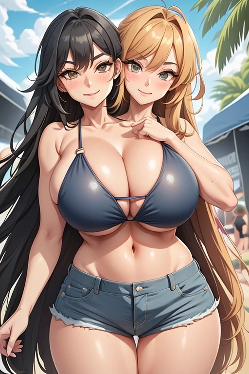 2heads, tall thin woman with 2 heads. Massive breasts. Mature. At a music festival. Drinking a beer. Wearing tiny bikini top. Wearing ripped jean shorts. Deep cleavage. Messy hair. Happy. Smiling. Blushing. Cool expression, smug. Thick eyeshadow. Seductive. Huge thighs. Extremely huge breasts. Girlfriend.