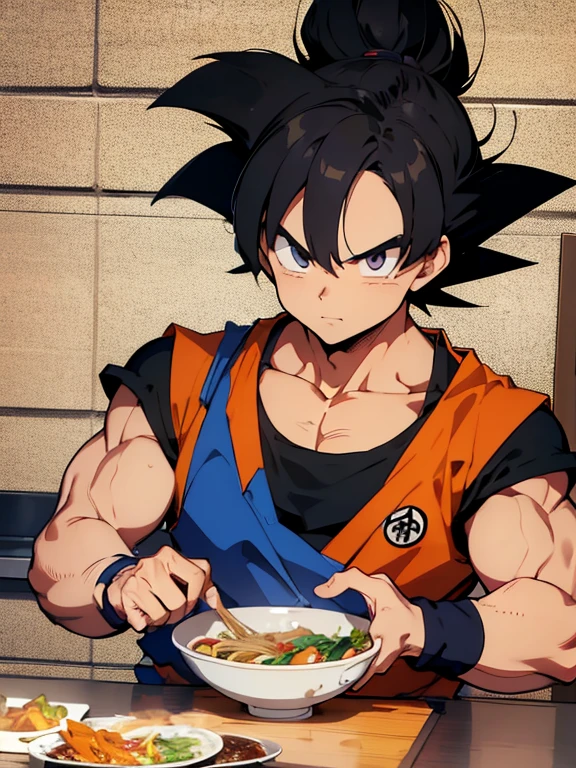 alta calidad, alta calidad, (Obra maestra), mejor calidad, ojos expresivos, Dragon Ball, goku, Retrato de cuerpo entero, restaurant goku, Saiyajin, cocina, Uniforme de artes marciales, sentado en un taburete, fideos, tasting fideos, Noodle bowl, big bowl, Mesa, bowl on the Mesa, male,Son Goku, goku